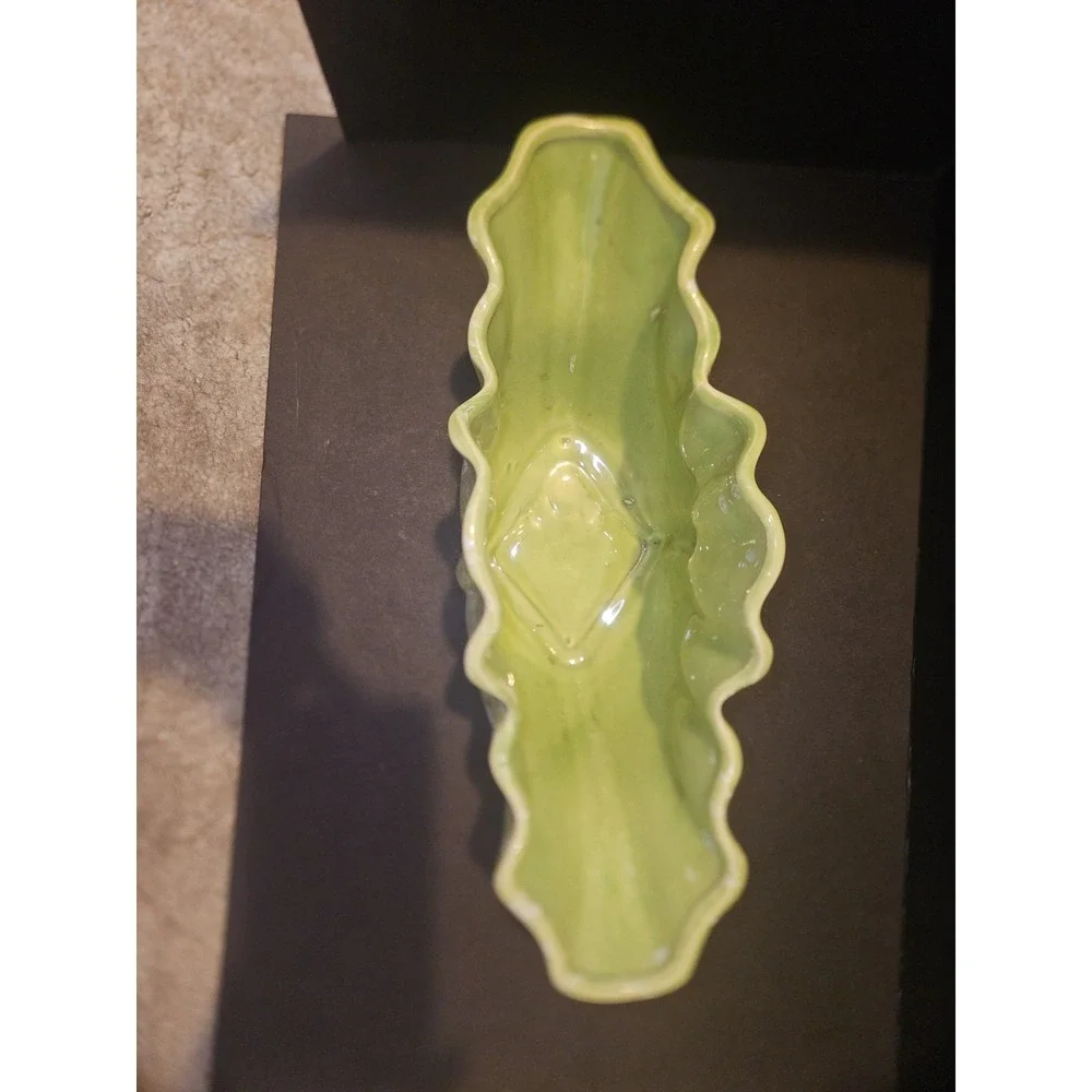 Vintage MCM Decorative Planter Dish Green White Drip Glaze 12.5